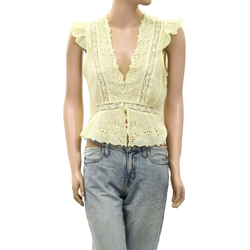 Free People Day Dreamer Top Eyelet Embroidered Ruffle Sleeveless Lace L 290153